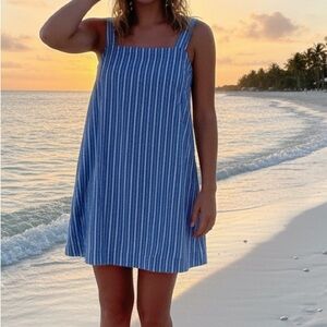 Blue Striped Cotton / Linen Summer Dress size M